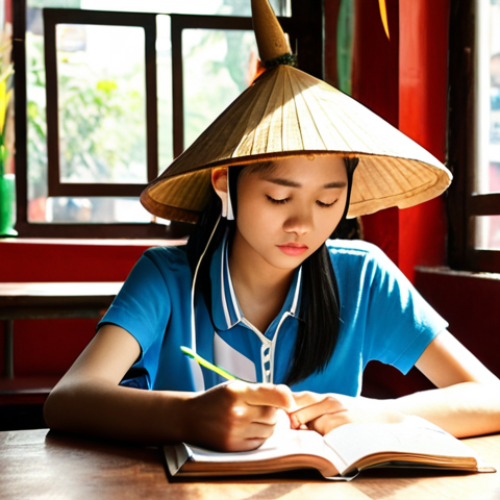 Home 15 **Image Prompt:** A young Vietnamese student wearing headphones, studying intently with a TOEIC textbook and notes spread out on a table in a bustling Hanoi coffee shop. Sunlight streams through the window, illuminating the scene, and a traditional conical hat (nón lá) hangs on a nearby hook.