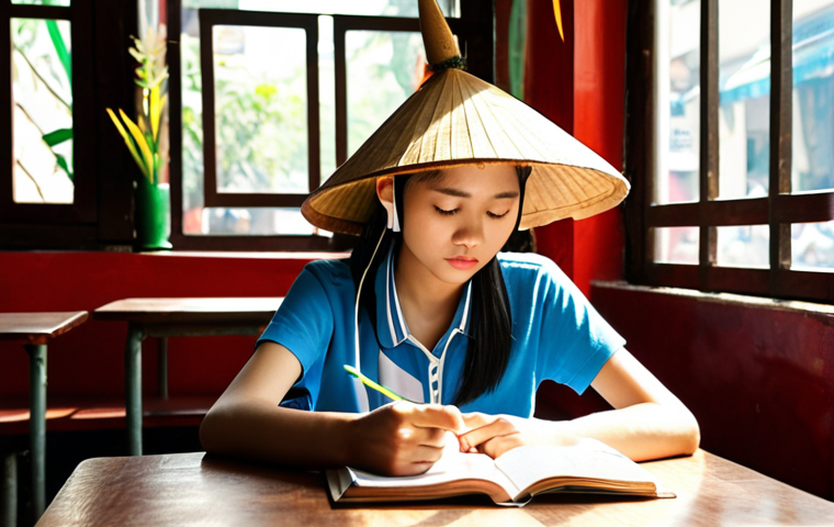 **Image Prompt:** A young Vietnamese student wearing headphones, studying intently with a TOEIC textbook and notes spread out on a table in a bustling Hanoi coffee shop. Sunlight streams through the window, illuminating the scene, and a traditional conical hat (nón lá) hangs on a nearby hook.