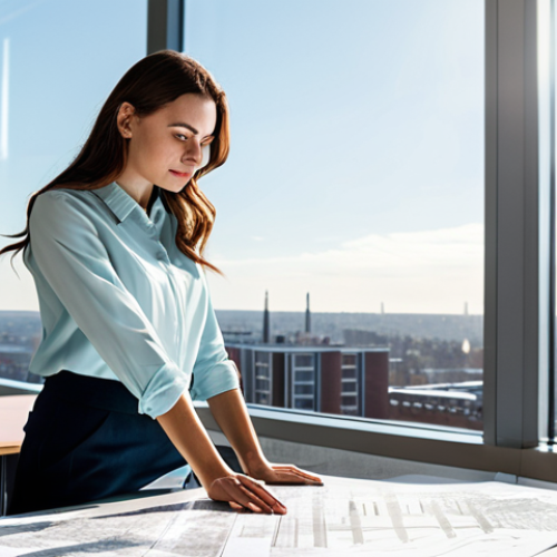 Home 7 **
A young professional architect, fully clothed in a modest blouse and slacks, standing confidently in a brightly lit, modern architectural office. She is reviewing blueprints spread across a large table. Natural light streams through a large window overlooking a cityscape. Safe for work, appropriate content, professional, perfect anatomy, well-formed hands, natural pose, high resolution, detailed textures, realistic lighting.
**