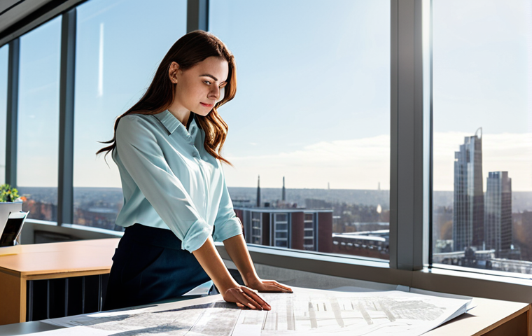 **

A young professional architect, fully clothed in a modest blouse and slacks, standing confidently in a brightly lit, modern architectural office. She is reviewing blueprints spread across a large table. Natural light streams through a large window overlooking a cityscape. Safe for work, appropriate content, professional, perfect anatomy, well-formed hands, natural pose, high resolution, detailed textures, realistic lighting.

**